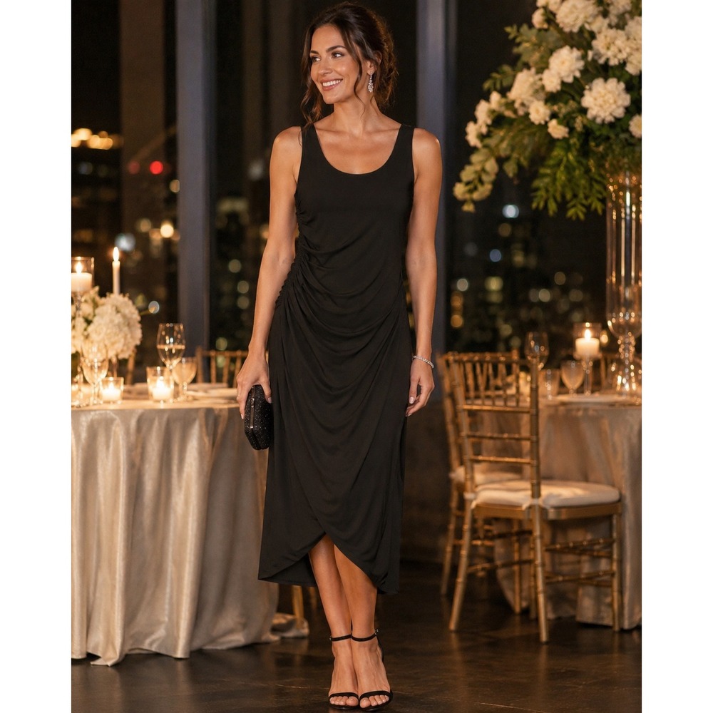 Nic+Zoe Black Ruched Side Sleeveless Scoop Neck Wrap Hem Midi Dress Size Lrg GUC